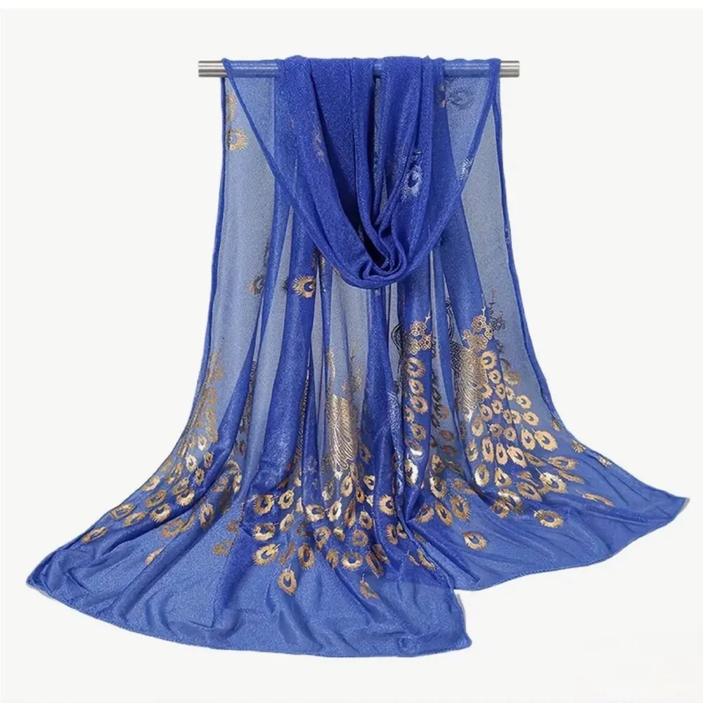 Cobalt Blue Golden Peacock Sheer Rectangular Scarf